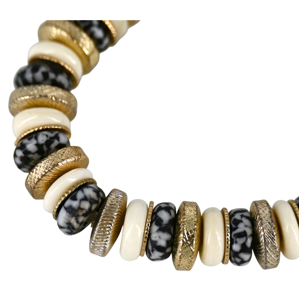 Akola Black White Ivory Glass Beaded Gold Coin Stretch Bracelet - Picture 3 of 5